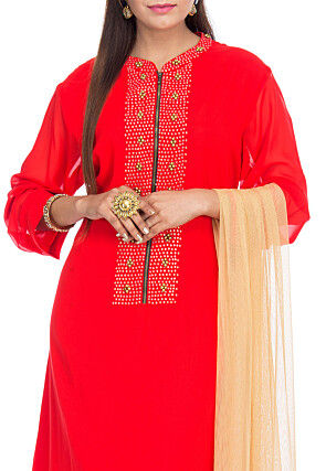 Embellished Viscose Georgette Straight Suit in Red