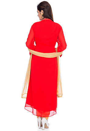 Embellished Viscose Georgette Straight Suit in Red