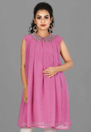 Embellished Viscose Georgette Tunic in Pink