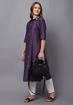 Embellished Viscose silk Straight Kurta in Purple