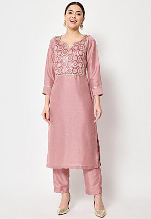 Embellished Yoke Art Silk Straight Kurta Set in Light Old Rose