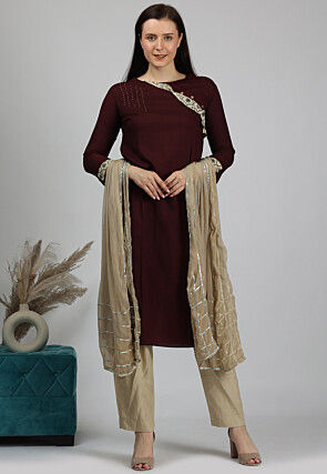 Embellished Cotton Pakistani Suit in Dark Brown