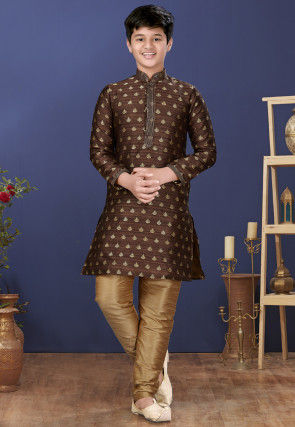 Emboidered Art Dupion Silk Kurta Set in Dark Brown