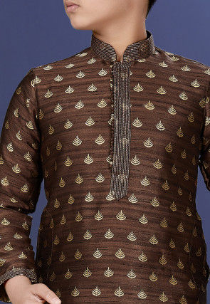 Emboidered Art Dupion Silk Kurta Set in Dark Brown