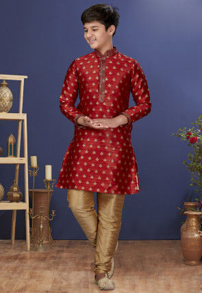 Emboidered Art Dupion Silk Kurta Set in Red