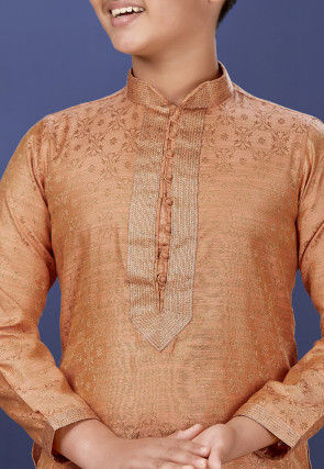 Emboidered Neckline Art Silk Jacquard Dhoti Kurta in Peach