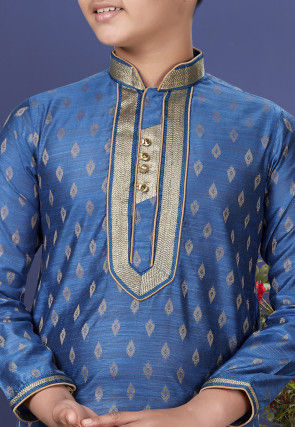 Emboidered Neckline Art Silk Jacquard Kurta Set in Blue
