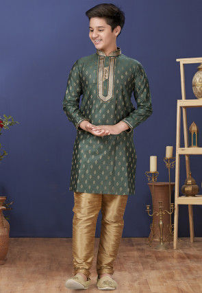 Emboidered Neckline Art Silk Jacquard Kurta Set in Dark Green