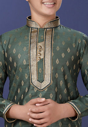 Emboidered Neckline Art Silk Jacquard Kurta Set in Dark Green