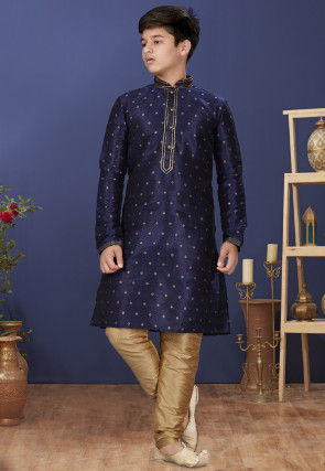 Emboidered Neckline Art Silk Jacquard Kurta Set in Navy Blue