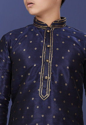 Emboidered Neckline Art Silk Jacquard Kurta Set in Navy Blue