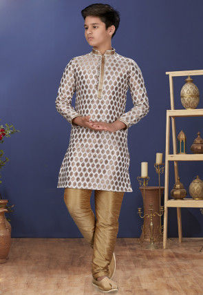Emboidered Neckline Art Silk Jacquard Kurta Set in Off White