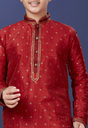 Embroidered Neckline Art Silk Jacquard Kurta Set in Red