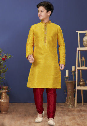 Emboidered Neckline Art Silk Jacquard Kurta Set in Yellow