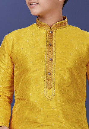Emboidered Neckline Art Silk Jacquard Kurta Set in Yellow