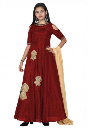 Embroide Bhagalpuri Silk Abaya Style Suit in Maroon