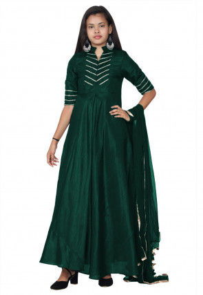 Embroide Bhagalpuri Silk Abaya Style Suit in Teal Green