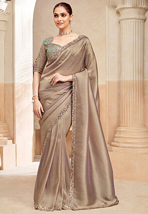 Embroiderd Border Art Silk Saree in Brown