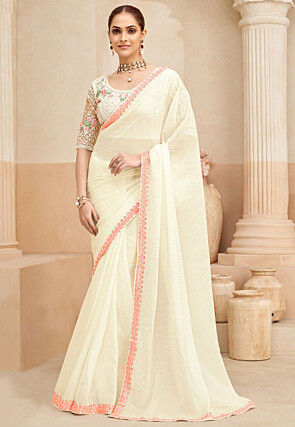 Embroiderd Border Georgette Saree in Off White