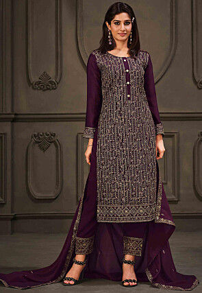 Embroidered   Crepe Pakistani Suit in Dark Purple