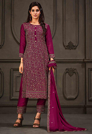 Embroidered   Crepe Pakistani Suit in Magenta