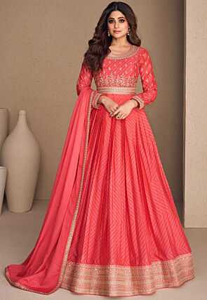 Embroidered Art Abaya Style Suit in Coral Pink