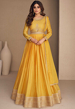 Embroidered Art Abaya Style Suit in Yellow