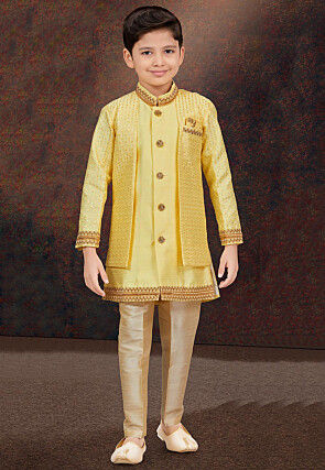 Embroidered Art Banarasi Silk Layered Sherwani in Yellow