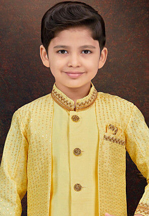 Embroidered Art Banarasi Silk Layered Sherwani in Yellow