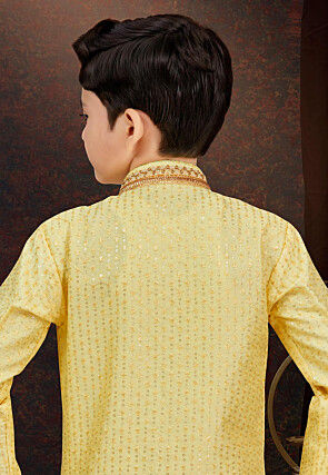 Embroidered Art Banarasi Silk Layered Sherwani in Yellow