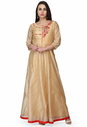 Embroidered Chanderi Silk Gown in Beige