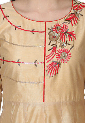 Embroidered Chanderi Silk Gown in Beige