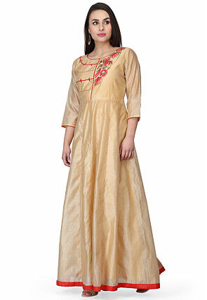 Embroidered Chanderi Silk Gown in Beige