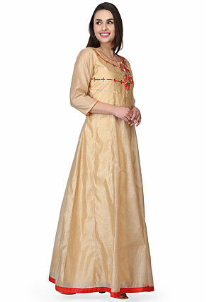 Embroidered Chanderi Silk Gown in Beige