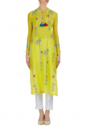 Embroidered Chanderi Silk Kurta Set in Yellow