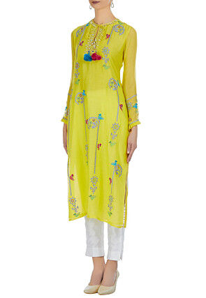 Embroidered Chanderi Silk Kurta Set in Yellow
