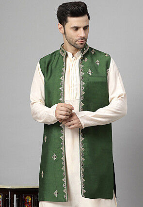 Embroidered Chanderi Silk Long Jacket in Dark Green