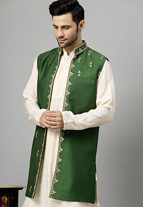 Embroidered Chanderi Silk Long Jacket in Dark Green