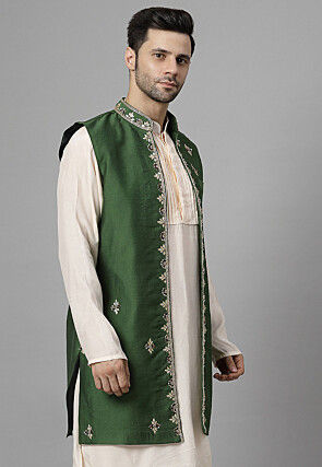 Embroidered Chanderi Silk Long Jacket in Dark Green