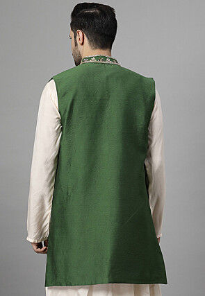 Embroidered Chanderi Silk Long Jacket in Dark Green