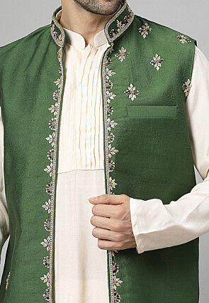 Embroidered Chanderi Silk Long Jacket in Dark Green