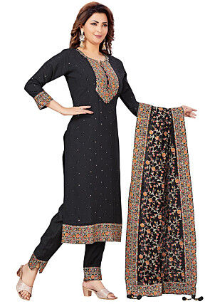 Embroidered Chanderi Silk Pakistani Suit in Black