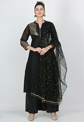 Embroidered Art Chanderi Silk Pakistani Suit in Black