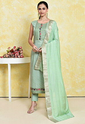 Embroidered Chanderi Silk Pakistani Suit in Green