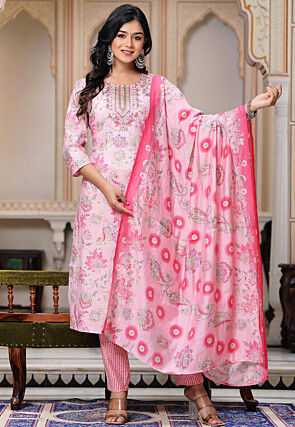Embroidered Art Chanderi Silk Pakistani Suit in Light Pink