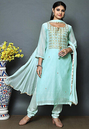 Embroidered Art Chanderi Silk Straight Cut Suit in Light Blue