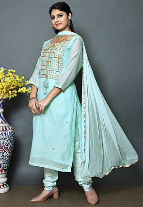 Embroidered Chanderi Silk Straight Cut Suit in Light Blue