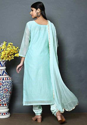 Embroidered Chanderi Silk Straight Cut Suit in Light Blue