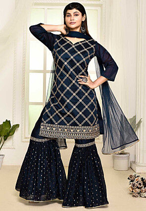 Embroidered Art Chandrei Silk Pakistani Suit in Navy Blue