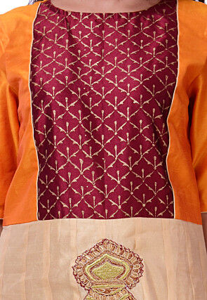 Embroidered Art Dupion Silk Abaya Style Suit in Beige and Orange